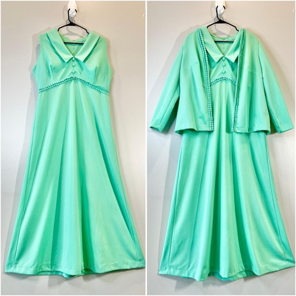 Vintage 1970s Mint Green Dress and Jacket Set Retro Pastel Size XXL - Picture 1 of 8
